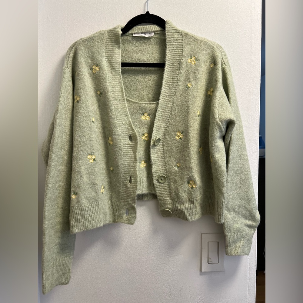 MATCHING FLORAL EMBROIDERED KNIT CARDIGAN AND TANK